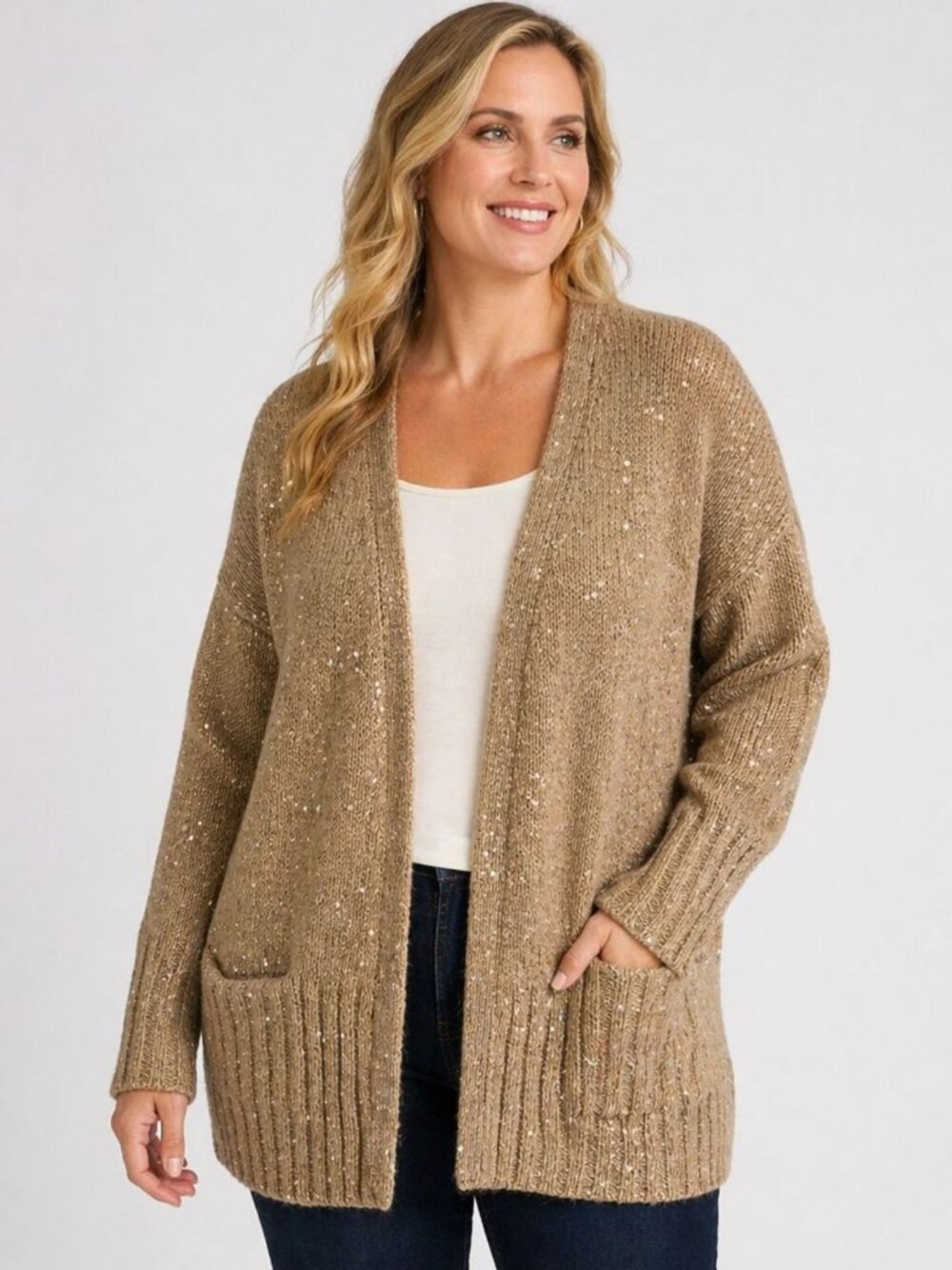 J Jill Womens Wool Blend Cardigan Sweater Gold Sequin Open Front Size M